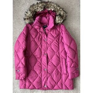 Lands End Down Puffer Jacket Women XS Petite 2-4 Pink Removeable Faux Fur Hood